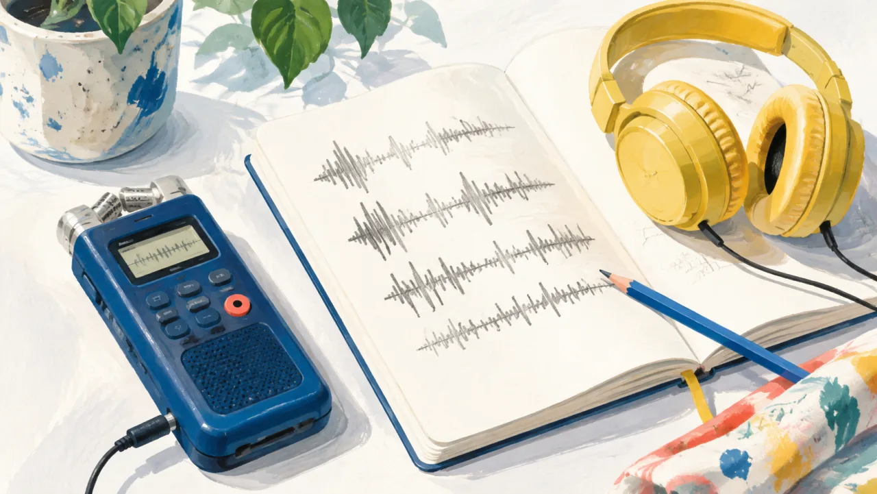錄音機、耳機與筆記，聲音波形轉為紙上的記錄